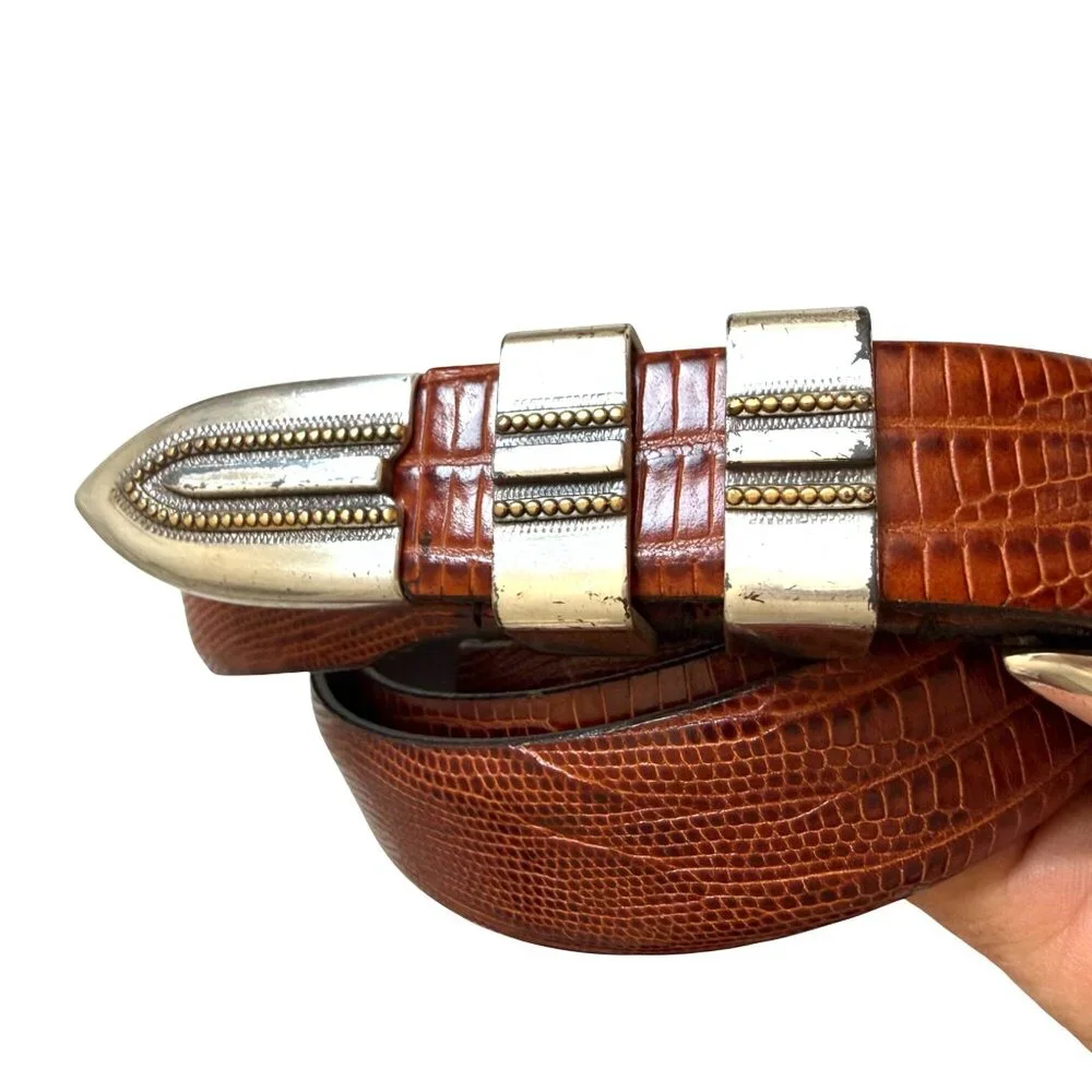Tulliani Men's Dress Belt Cognac Brown Italian Calfskin Leather Lizard Embossed